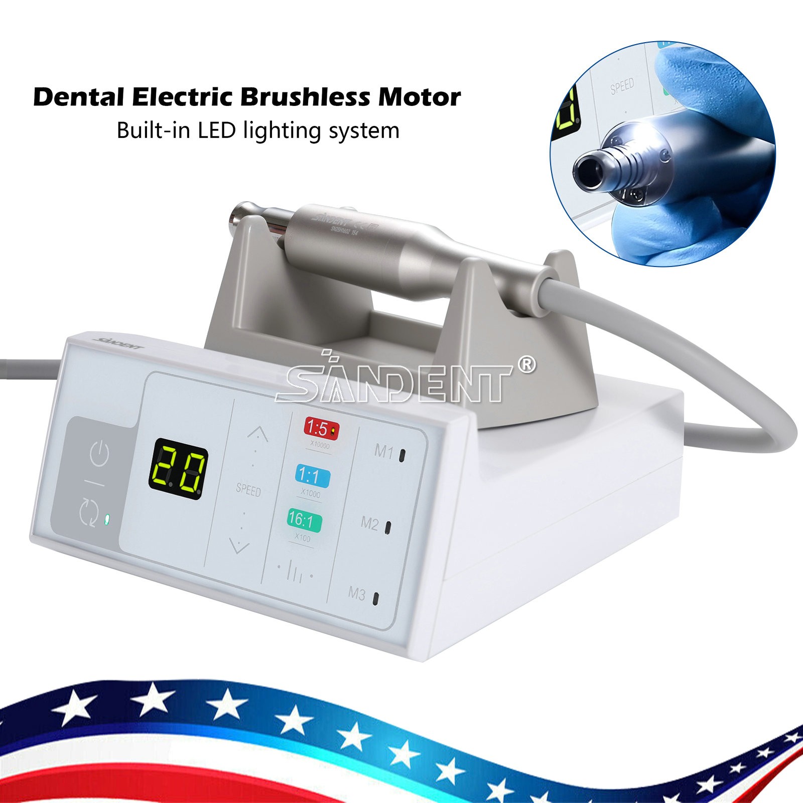 SANDENT Dental Brushless LED Electric Micro Motor 4 Holes 1:1/1:5/16:1 E-Type