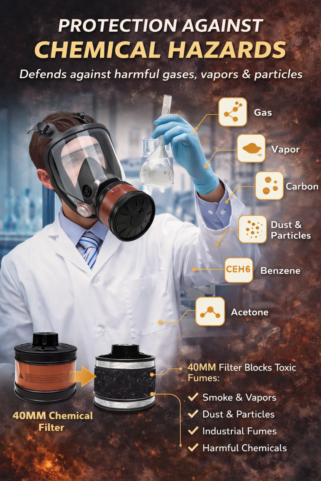 Full Face Gas Mask Respirator Survival Mask Tear Gas Protection Reusable 40MM