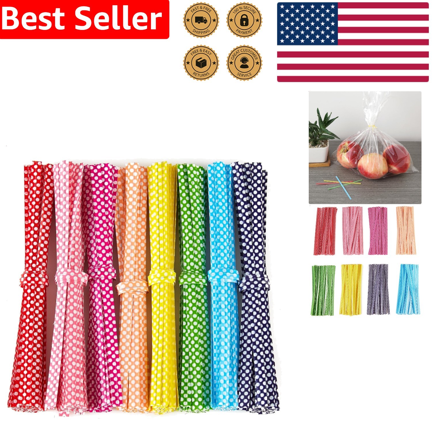 Durable 4 Inch Polka Dotted Twist Ties, 100pc Multi-Color for Crafts