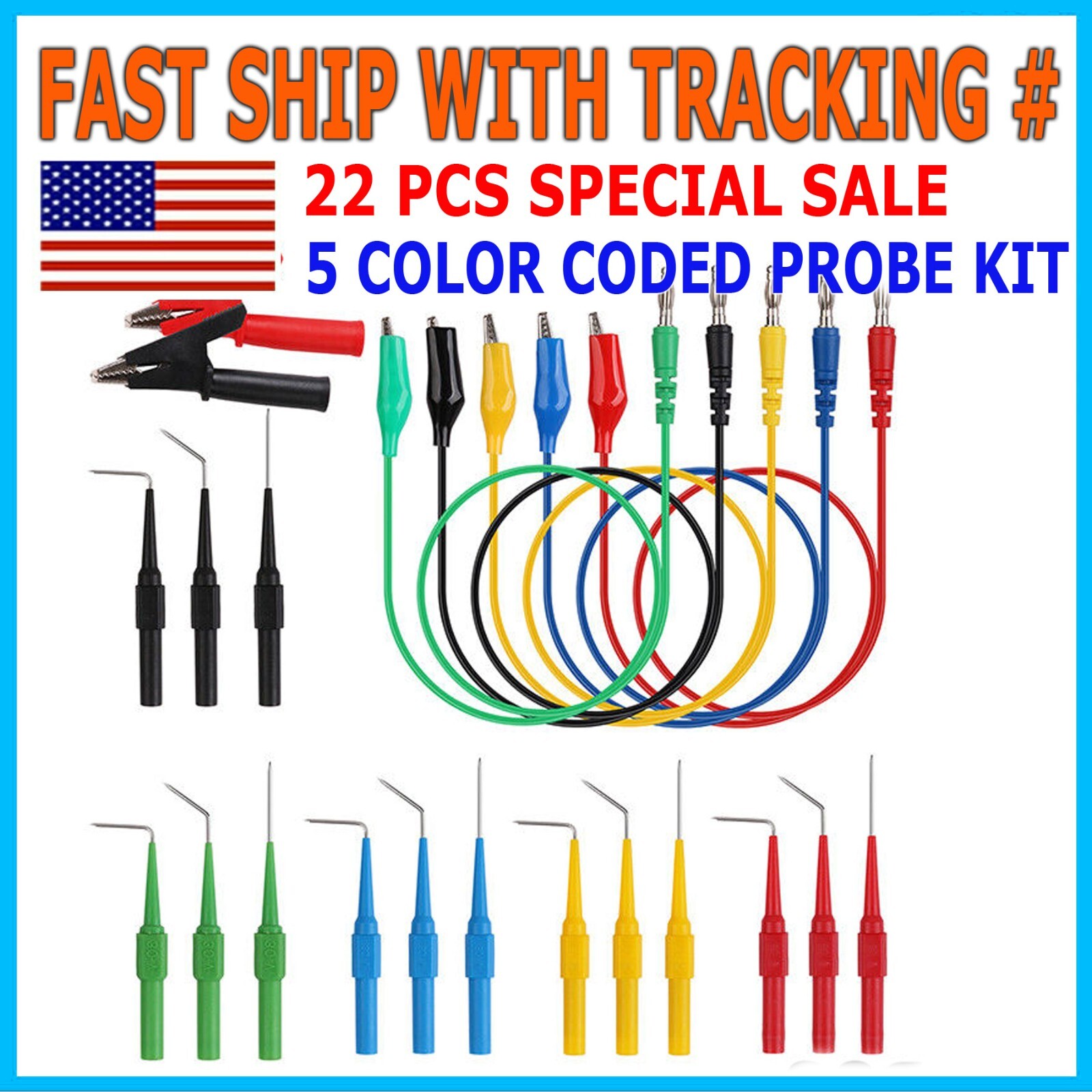 22Pcs Automotive Back Probe Kit Multimeter Test Leads Alligator Clips Wire Tool