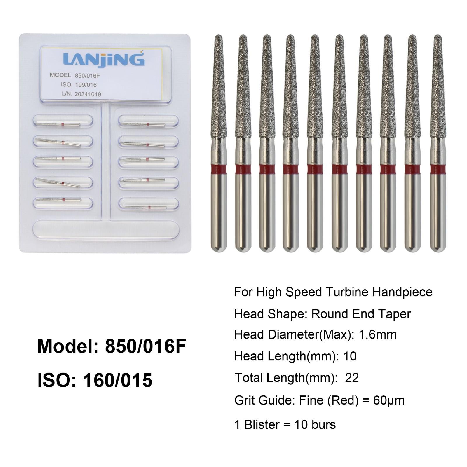 Dental Round End Taper Diamond Burs Fine Grit High Speed Diamond Bur FG 850/016F