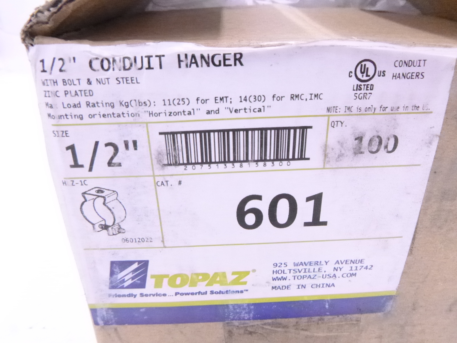 Box of 100 Topaz 601 Conduit Hangers 1/2″ with Bolt & Nut