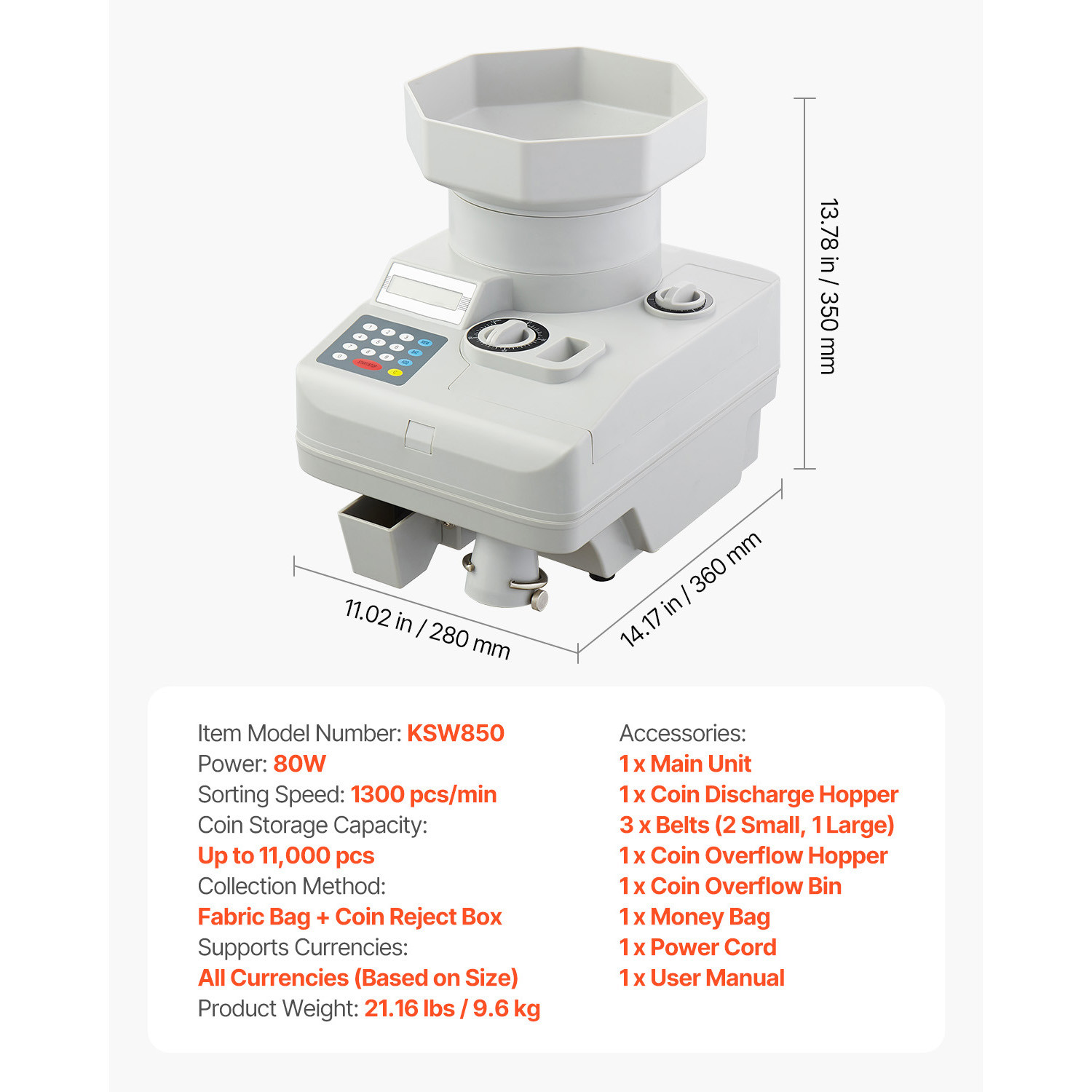Coin Counter Professional Coin Sorter LED Display Holds up to 11000 Coins