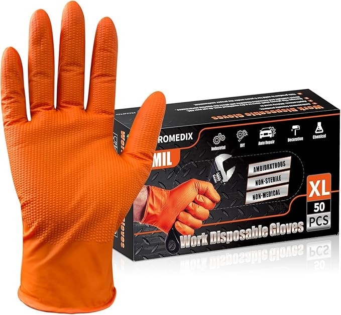 “Heavy Duty Nitrile Disposable Gloves,8-Mil Orange,Raised Diamond Texture Work G