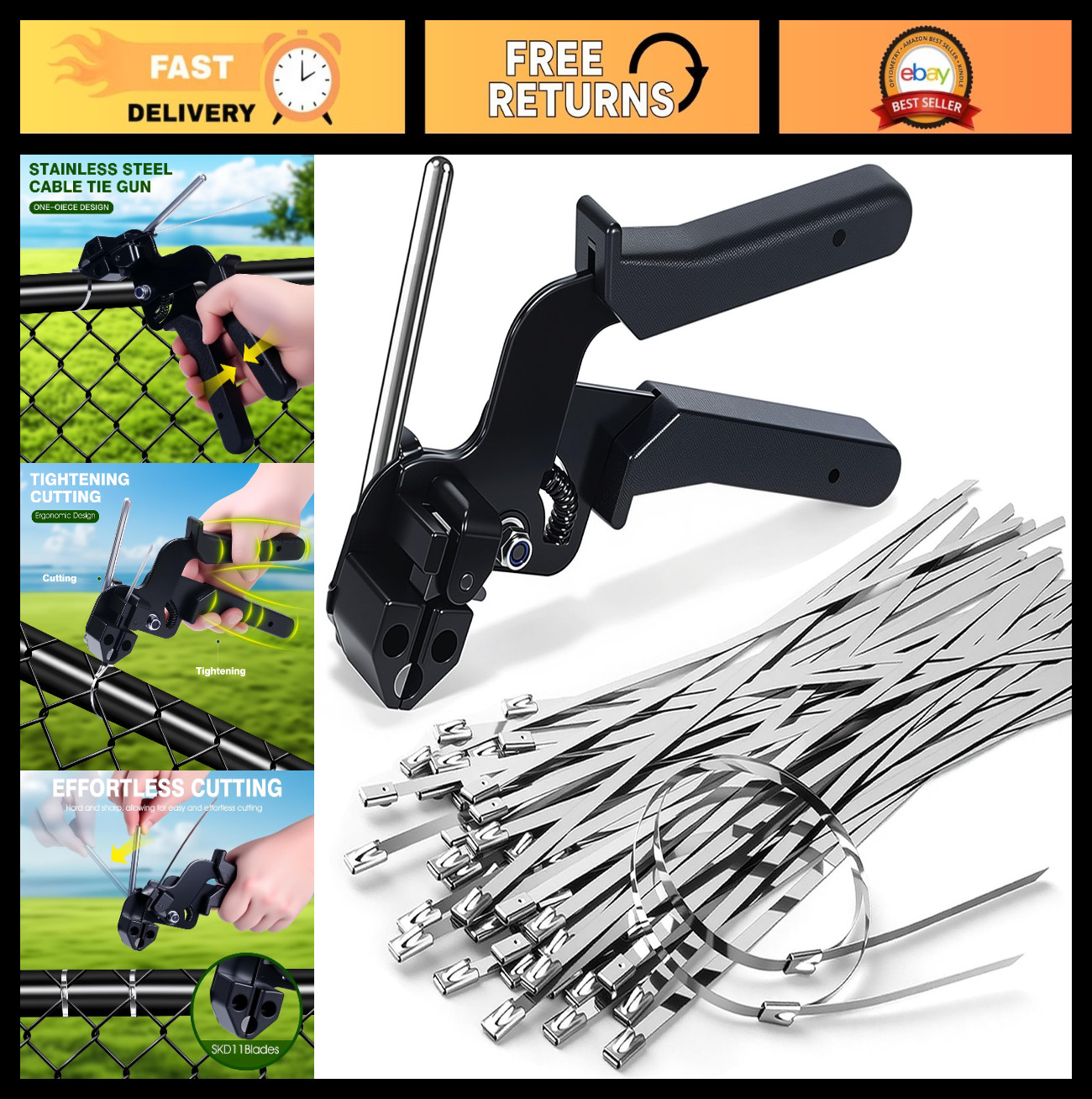 Heavy Duty Stainless Steel Cable Tie Gun Kit – 100pcs 11.8″ Self-Locking Zip Tie
