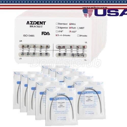 AZDENT Dental Orthodontic Braces Brackets Metal Mini Roth.022 Hook345/Arch Wires