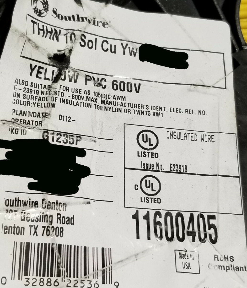 Southwire #10awg Solid THHN/THWN/MTW Building Wire Cable 600V Yellow /100ft