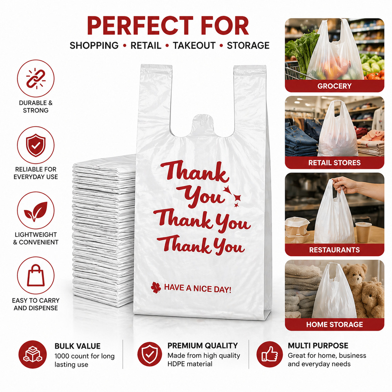 1000 Count Thank You Bags Small 8x4x16 T-Shirt Plastic Bags Bulk Heavy Duty