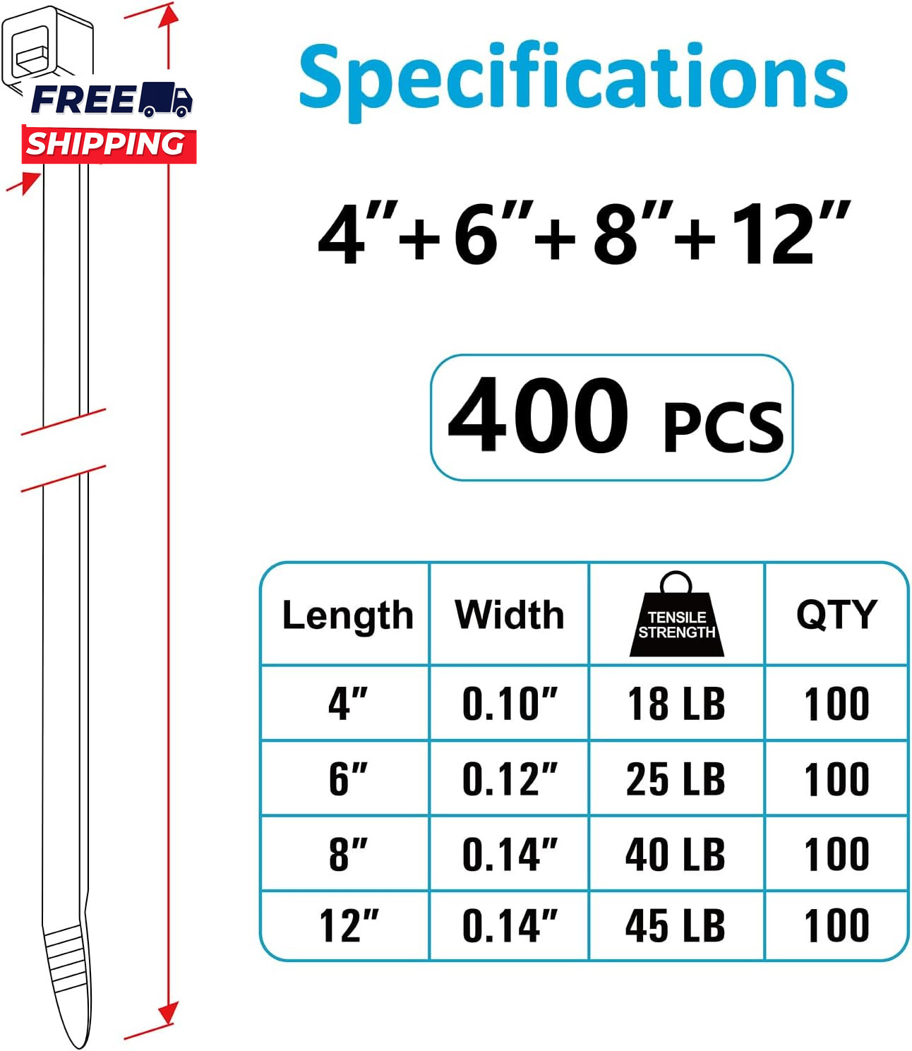 Zip Ties Assorted Sizes(4”+6”+8”+12”) 400 Pack Black Cable Ties UV Resistant Wir