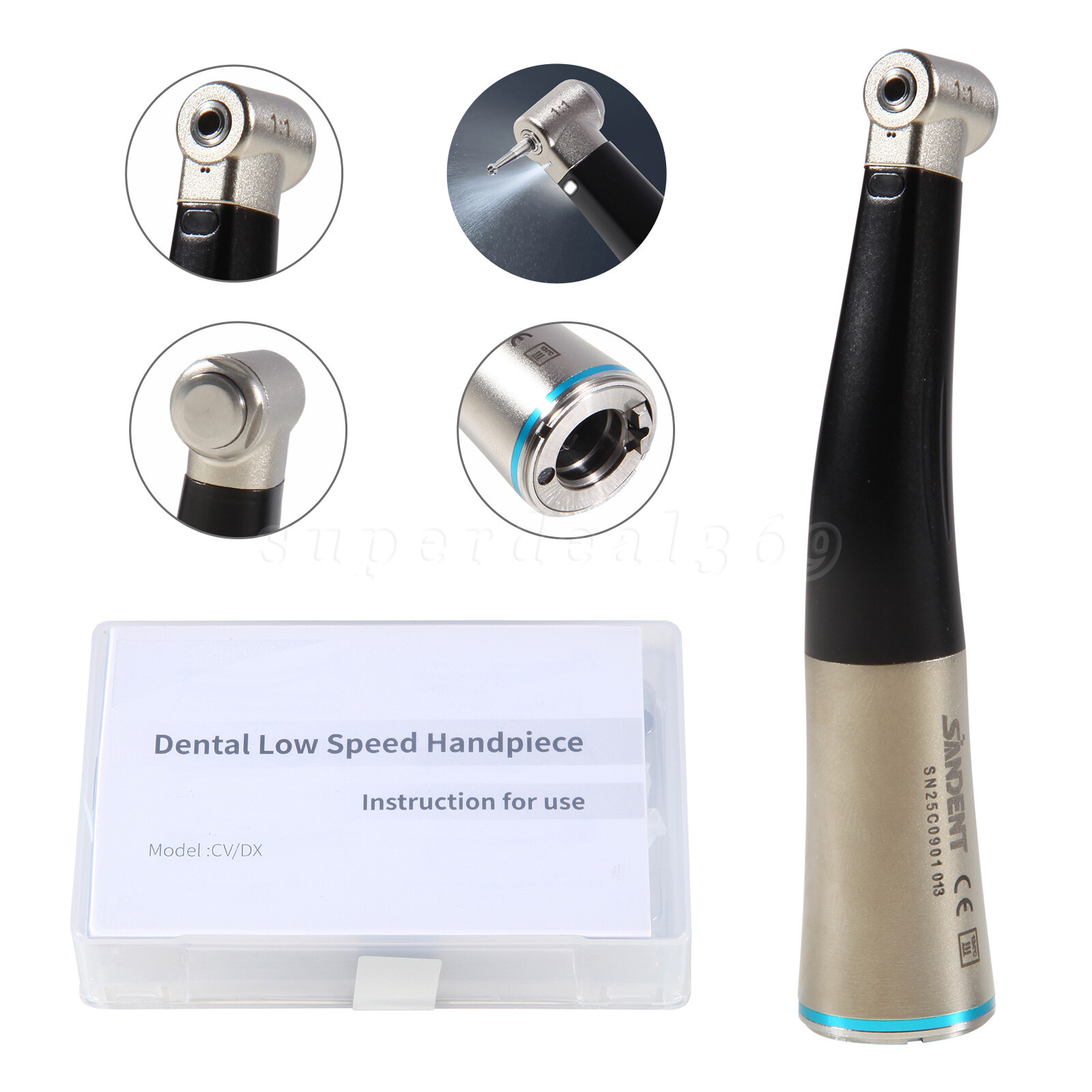 SANDENT Dental 1:1 Fiber Optic Contra Angle Low Speed Handpiece Inner Channel ns