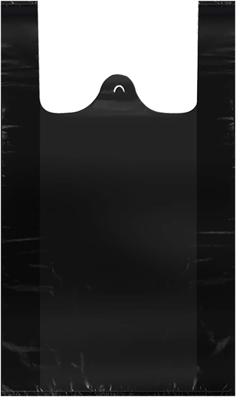 Reusable Black Plastic T-Shirt Bags, Medium 12×20 Inches for Groceries – 50 pcs