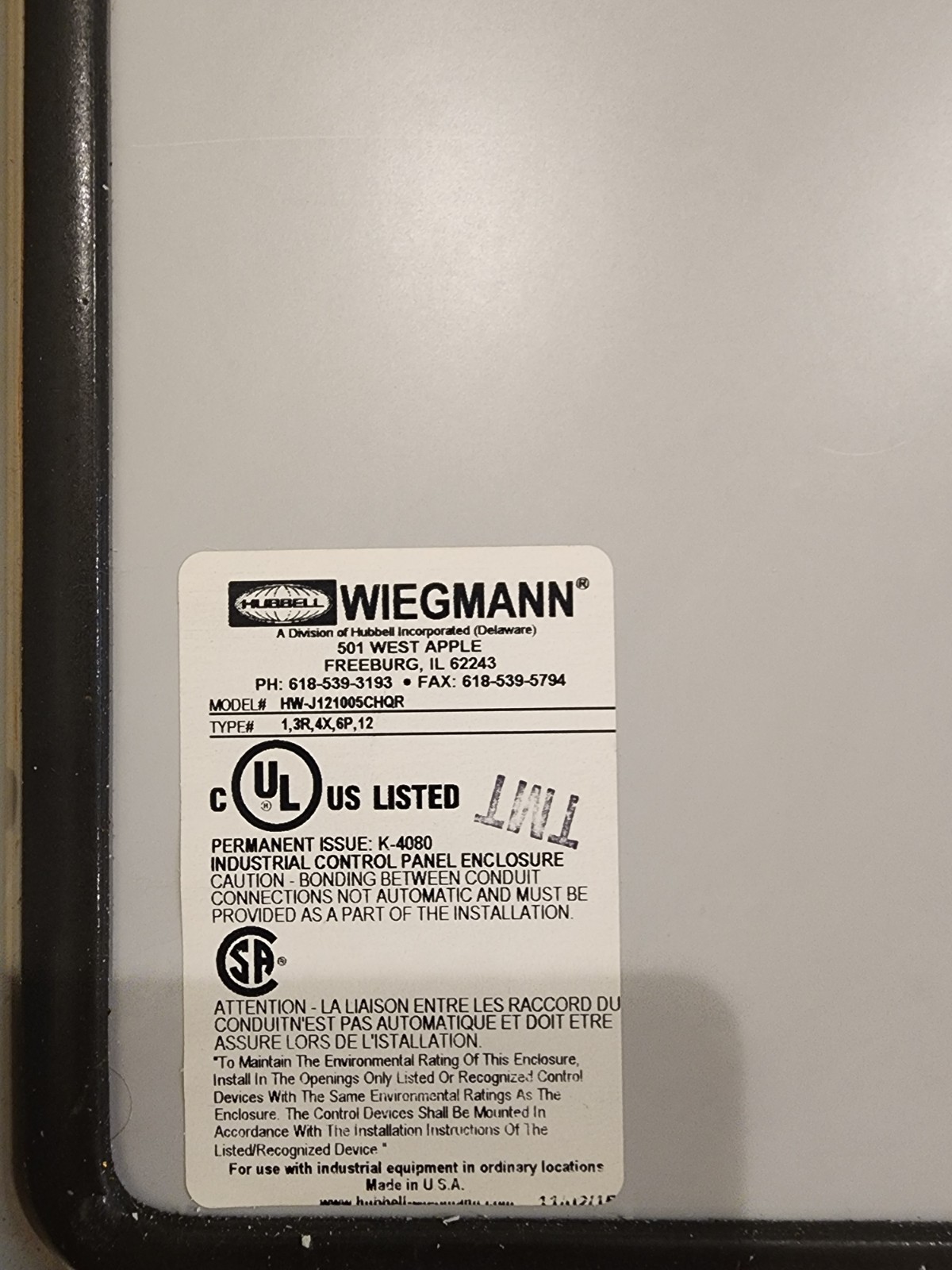 Wiegmann HW-J121005CHQR Hinged IP66 Gray Metal Enclosure 12x10x5