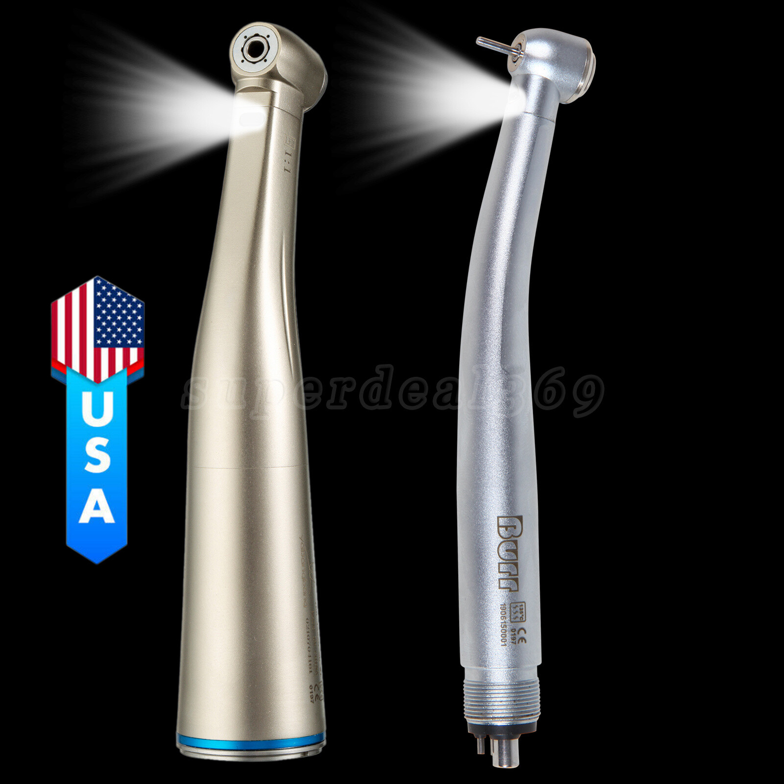 US Dental LED E-generator High/Low Speed Fiber Optic 1:1 Contra Angle Handpiece