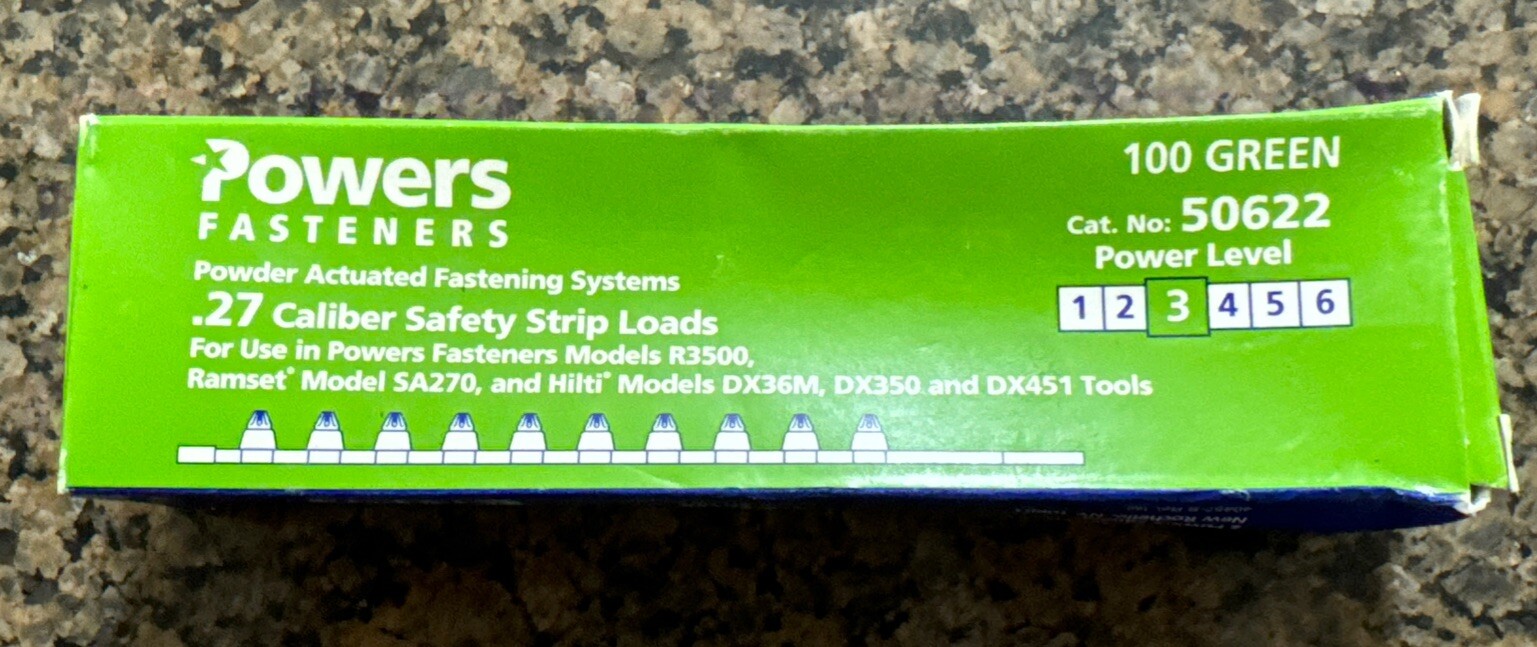 100 GREEN POWERS FASTENERS .27 CALIBER SAFETY STRIP LOADS POWER LEVEL 3