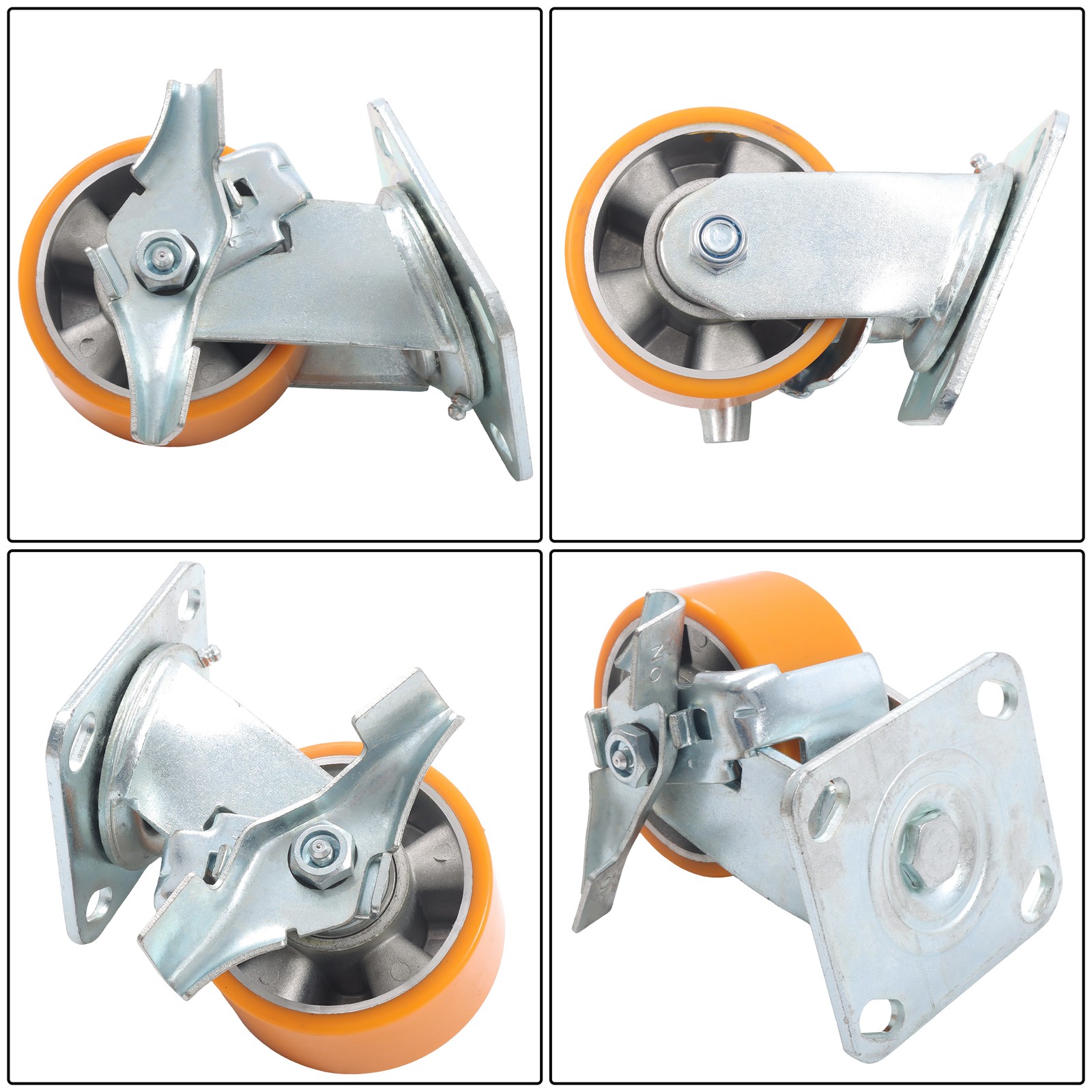 4″ Side Brake Polyurethane Plate Casters, 3200 Pounds, Silver + Qrange, 4 Pieces