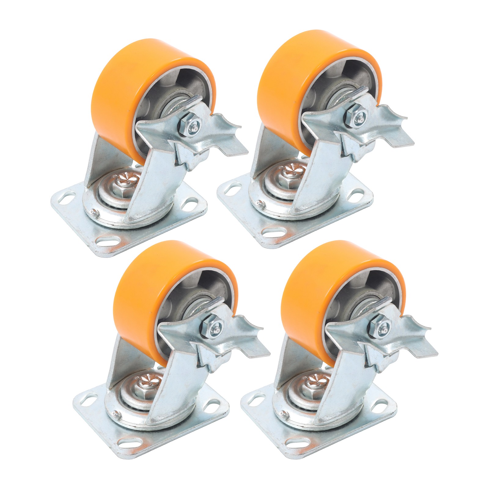 4″ Side Brake Polyurethane Plate Casters, 3200 Pounds, Silver + Qrange, 4 Pieces