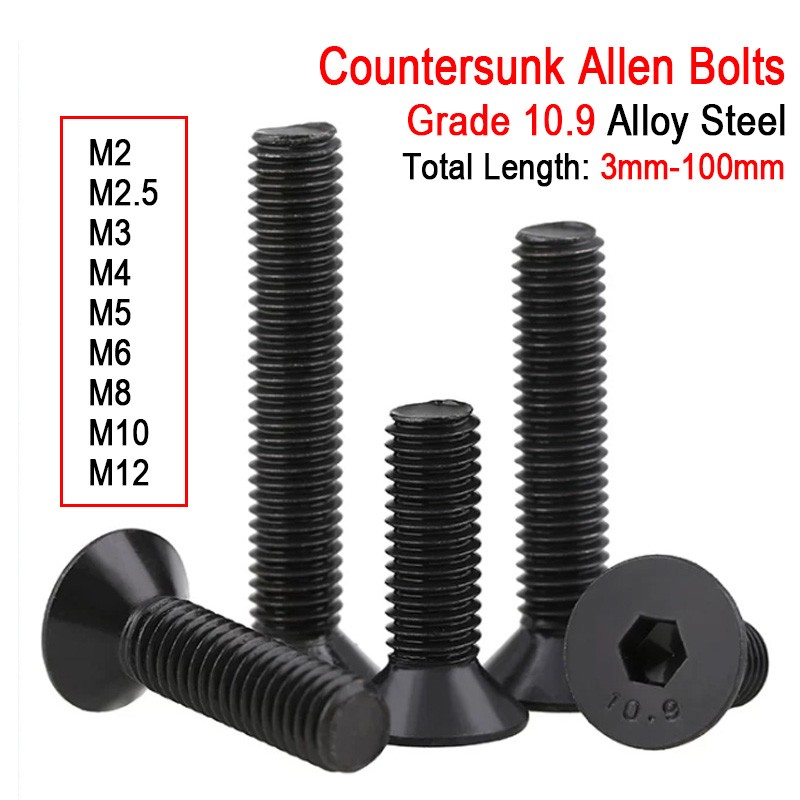 M2 M2.5 M3 M4 M5 M6-M12 High Tensile 10.9 Countersunk Screws Allen Socket Bolts
