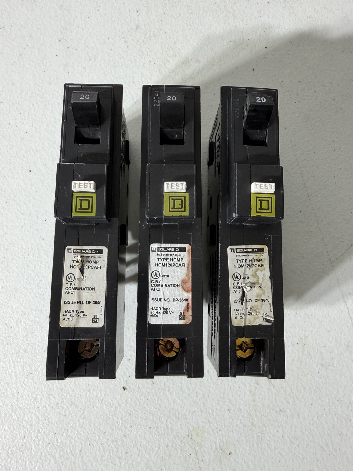 Square D HOM120PCAFI 20A AFCI Circuit Breaker Lot of 3, 1-Pole, 120V lot of 3
