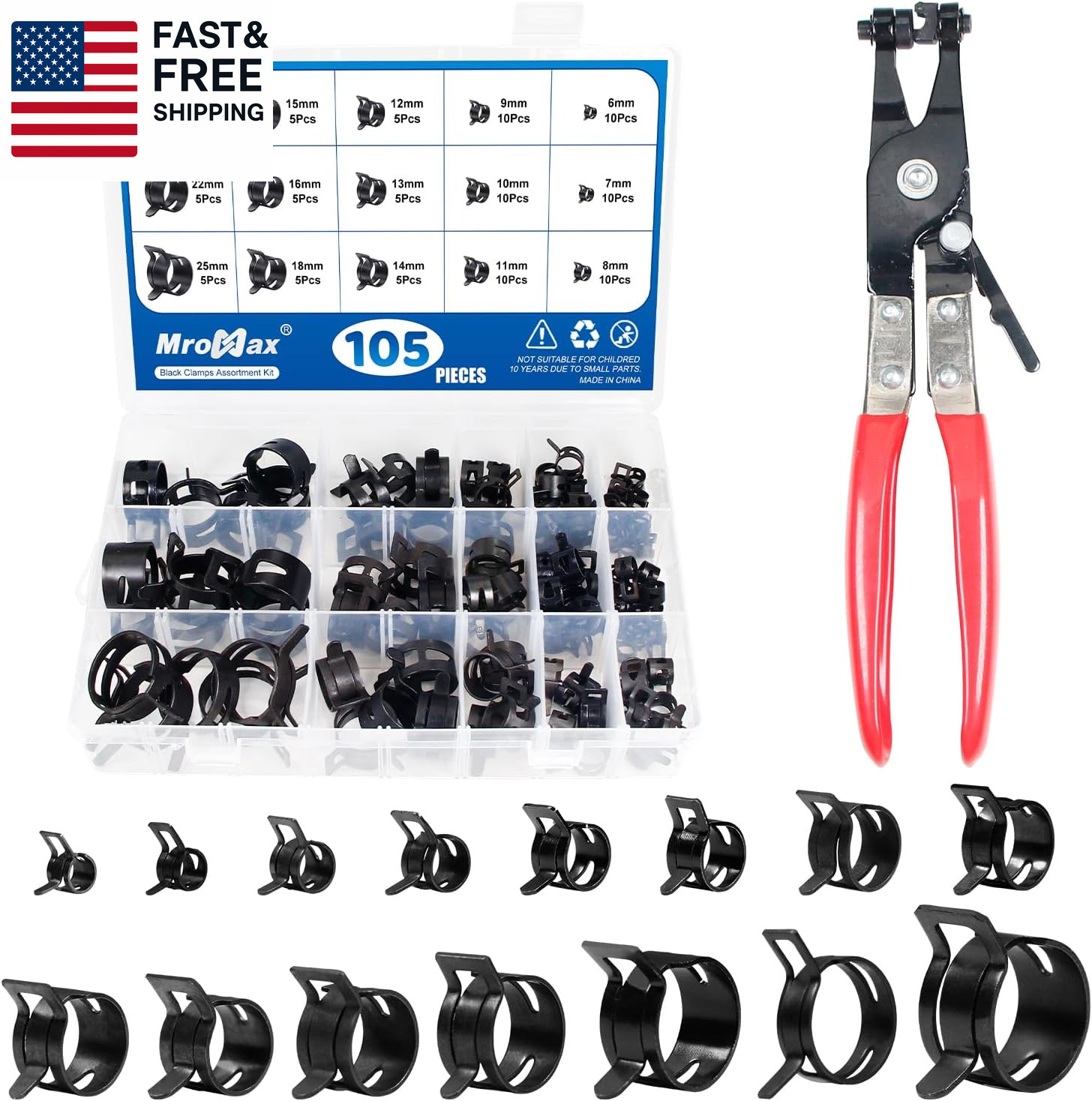 105Pcs 6-25Mm Spring Band Hose Clamp Assortment Kit with Hose Clamp Pliers, 15 S