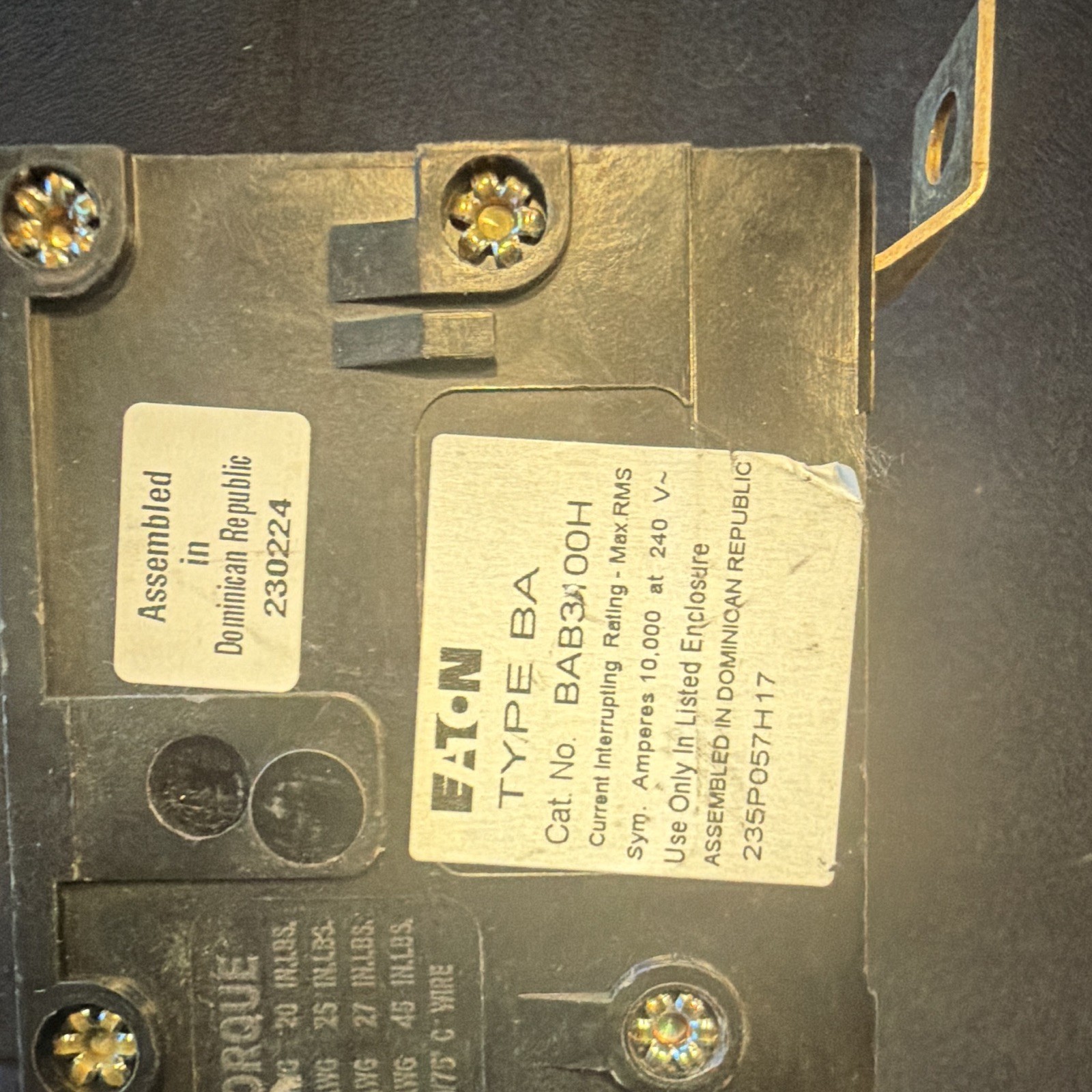 Eaton BAB3100H 3-Pole 100A 240V Circuit Breaker Trip Indicator