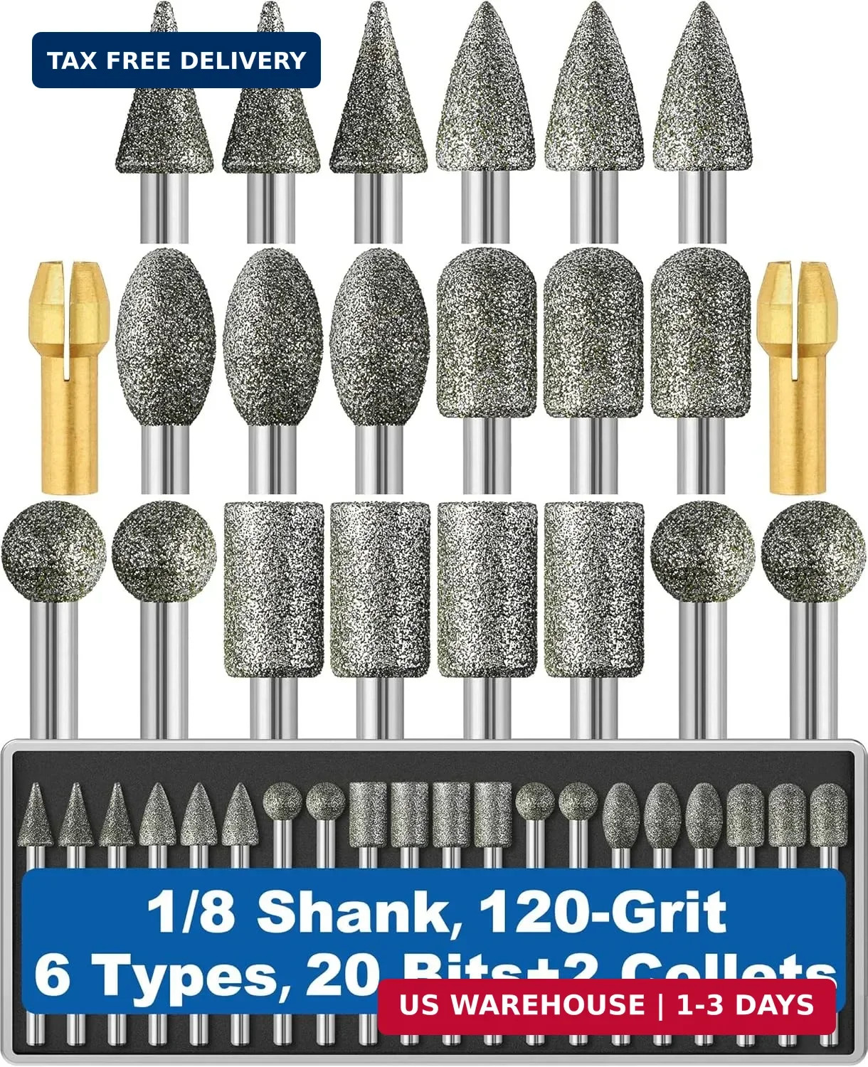 20Pcs 120-Grit Diamond Grinder Bit 1/8″ Shank with 2 Collets Compatible with Dre