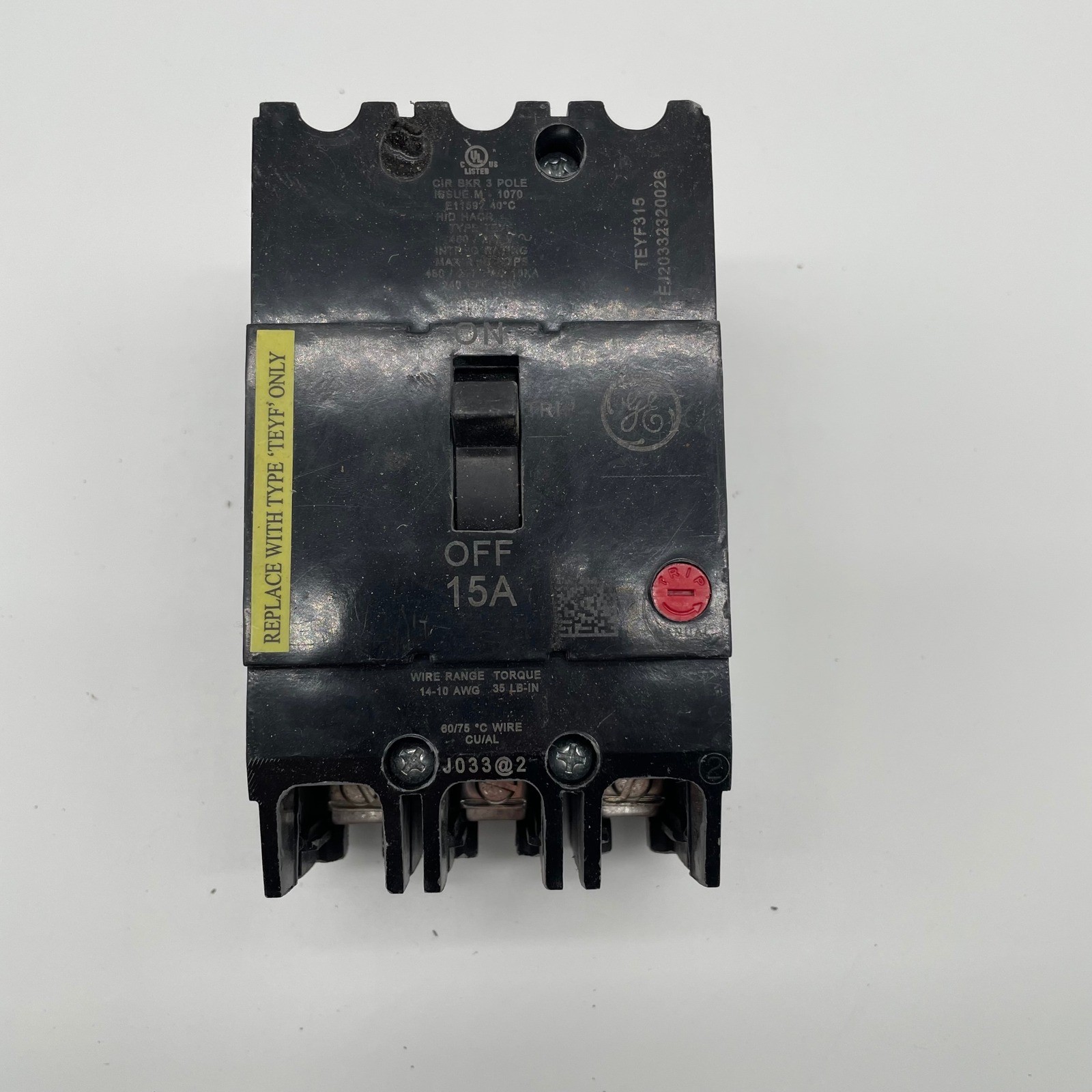 GE TEYF315 Circuit Breaker 3 Pole 15A 480/277V 18kA 240V 65kA TEYF Type 15 Amp