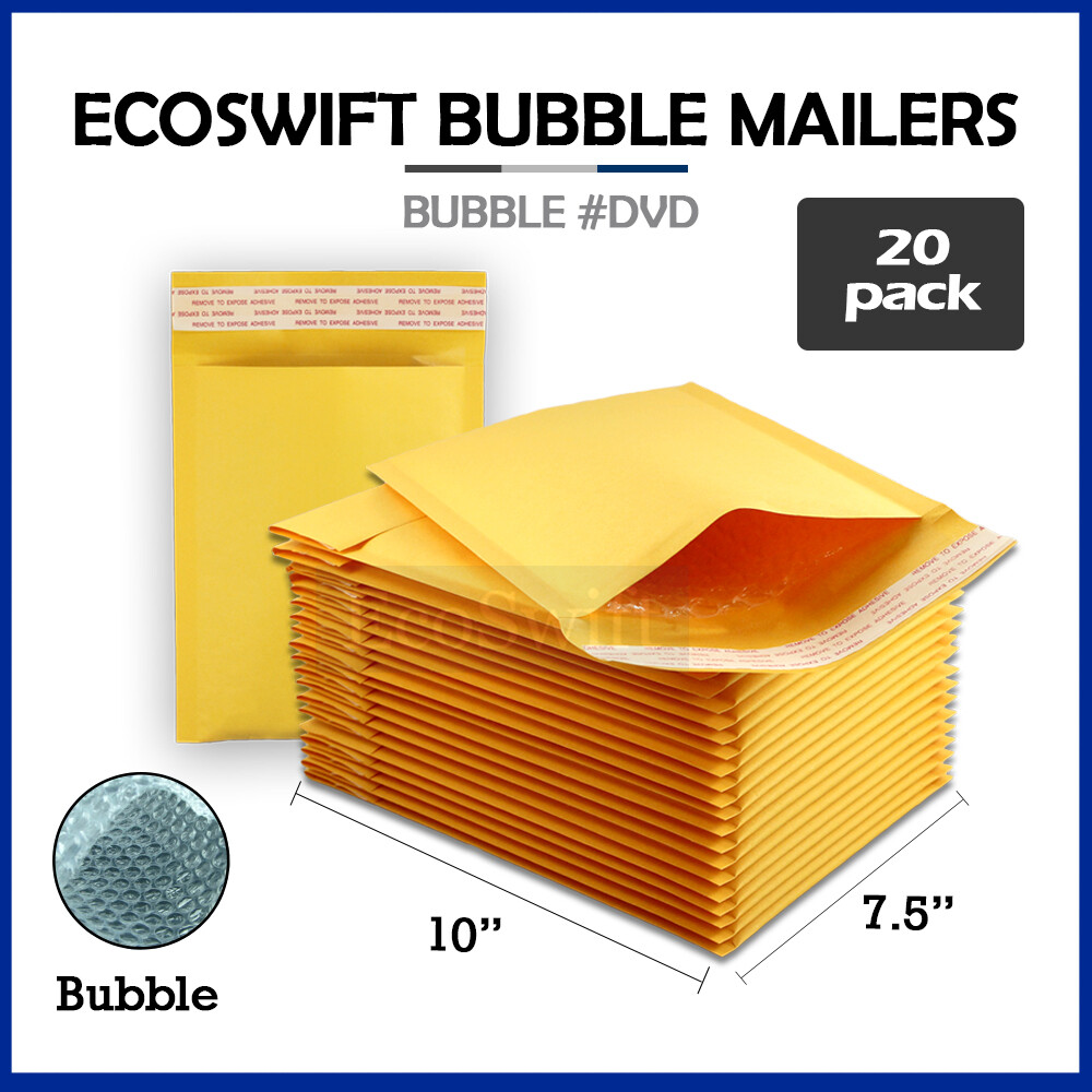 20 #0 7.5×10 ECOSWIFT KRAFT BUBBLE MAILERS PADDED ENVELOPES DVD