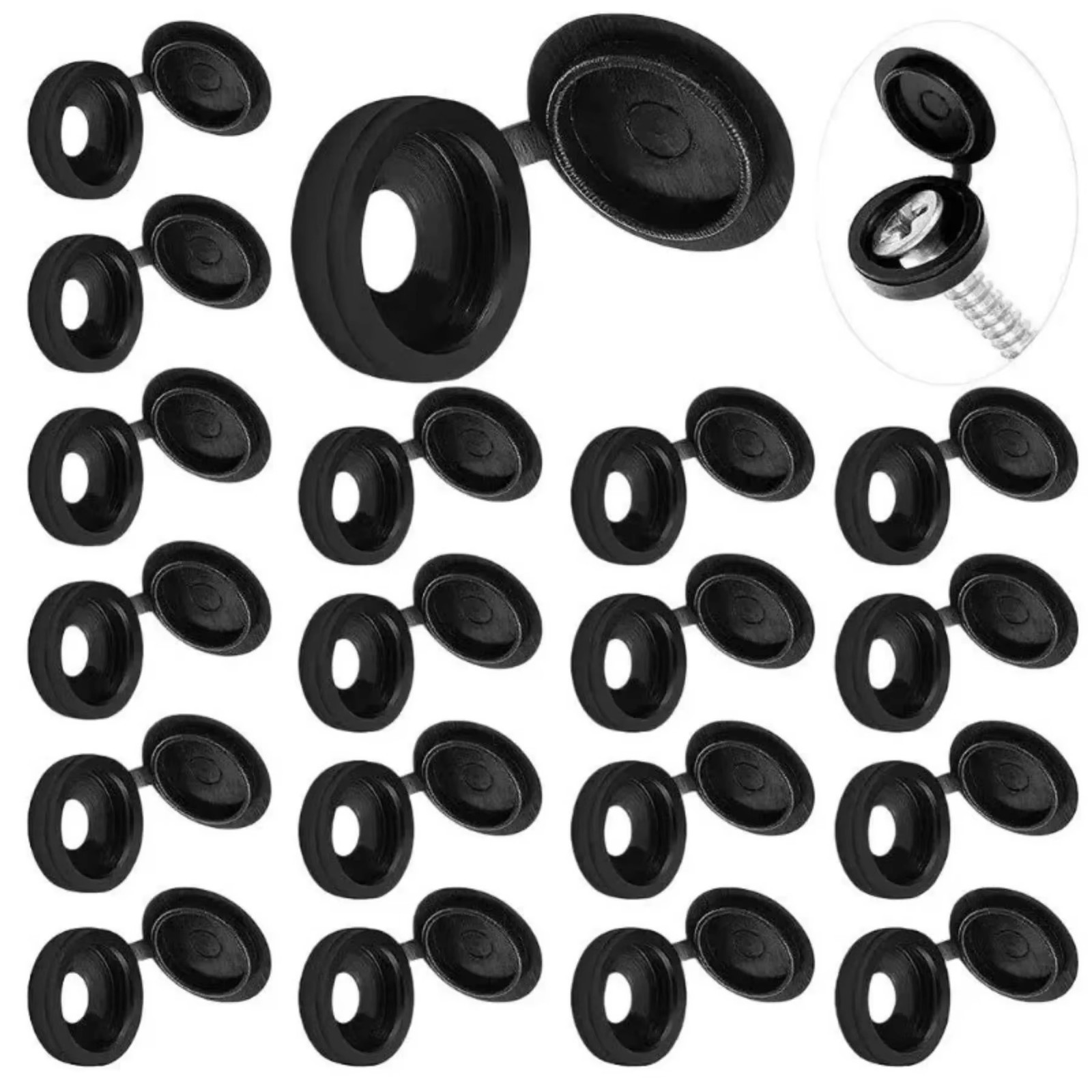 100 Pcs Black Hinged Screw Cover Caps – Snap Flip Tops w/ Washers Small
