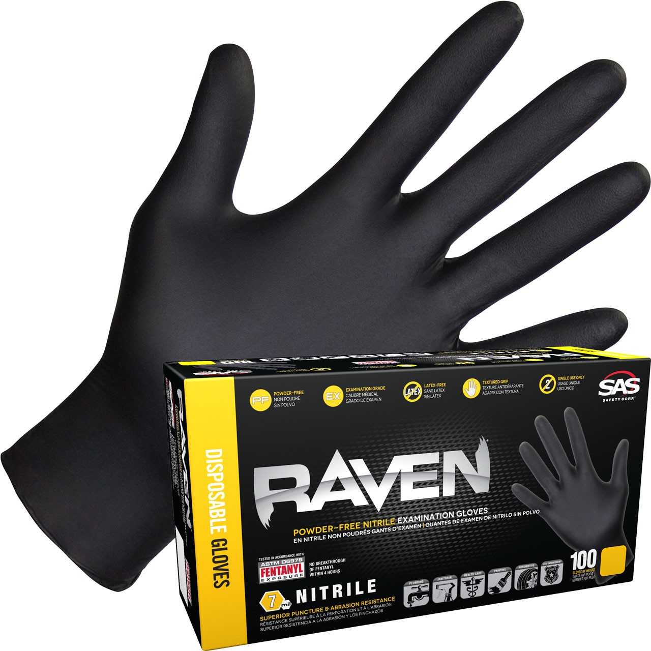 Raven Safety 66519 Raven Nitrile Disposable Gloves 7 Mil, Box of 100, X-Large