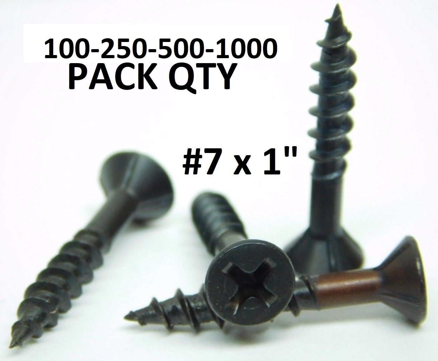 (100-250-500-1000) #7 x 1″ Flat Head NIBS Phillips Coarse Black Wood Screws HF
