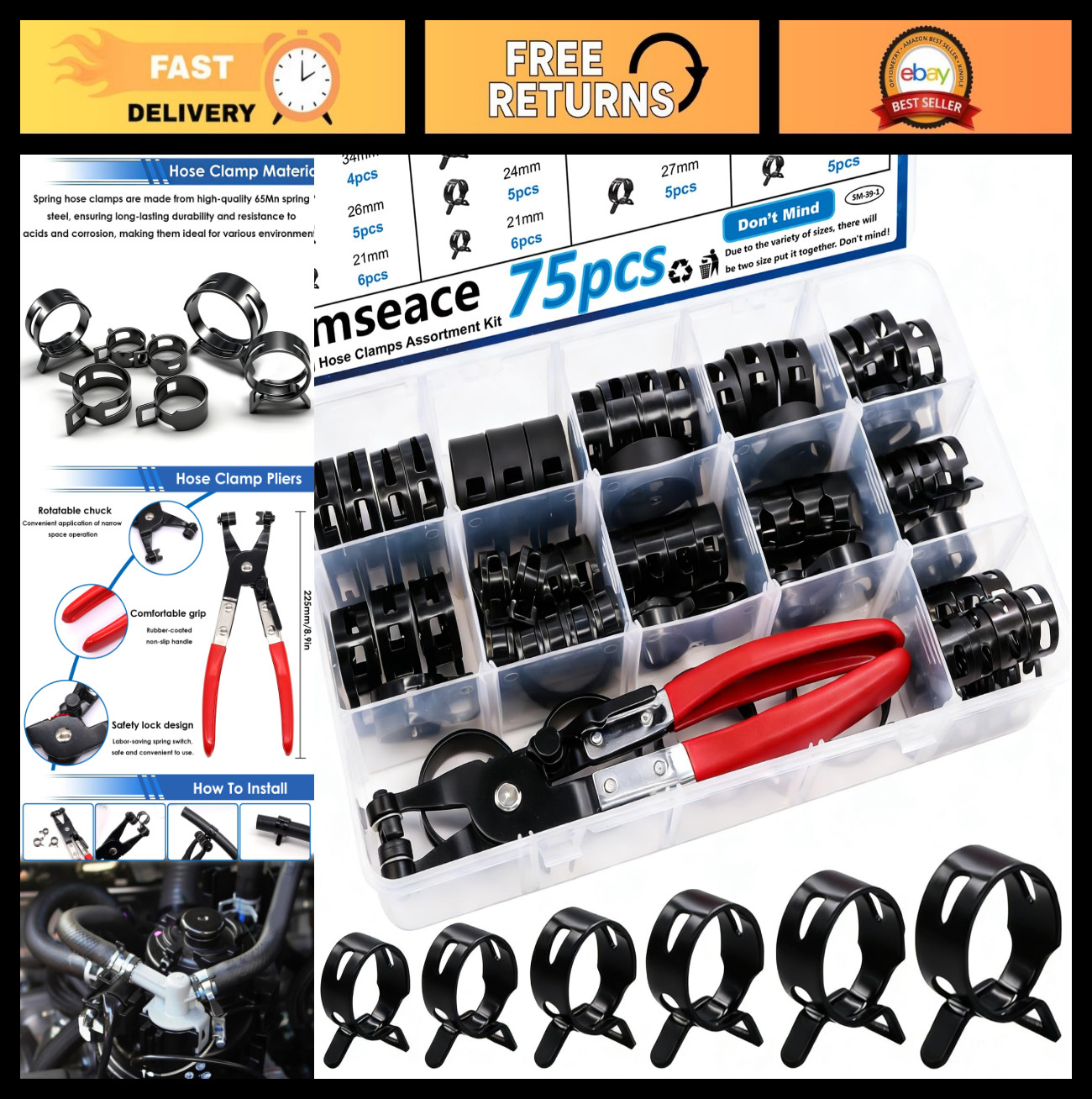 75Pcs Constant Tension Spring Hose Clamp Set 19-38mm with Plier for Fuel & Air L