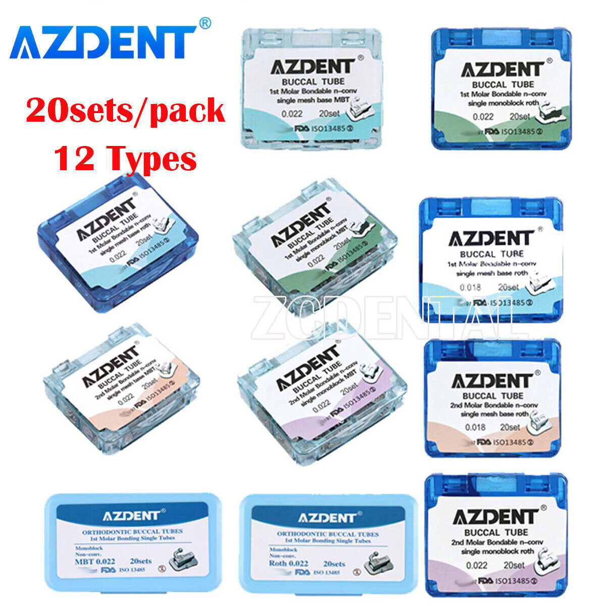 AZDENT Tubos bucales de ortodoncia dental 1er/2do molar MBT Roth 022 018 Metal