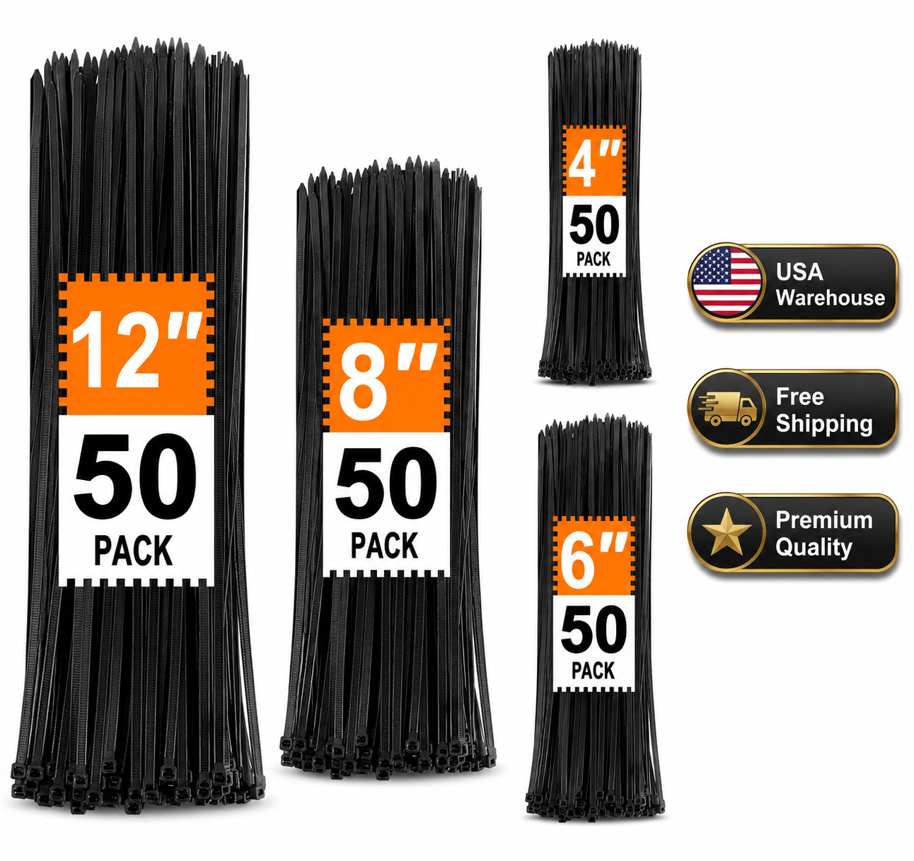 Zip Ties Assorted Sizes 4+6+8+12 Inch, 200 Pack, Black Cable Ties, UV Resistant