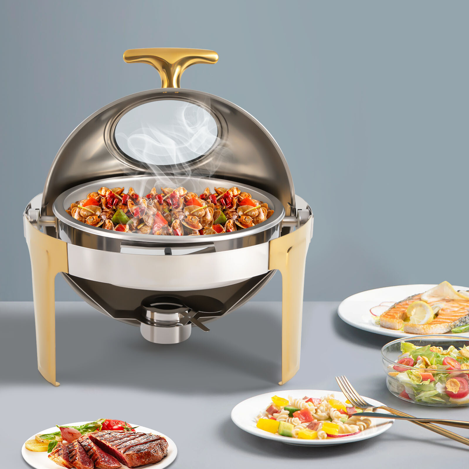 6.3Qt Round Roll Top Chafing Dish Buffet Set Stainless Steel Chafer for Party US