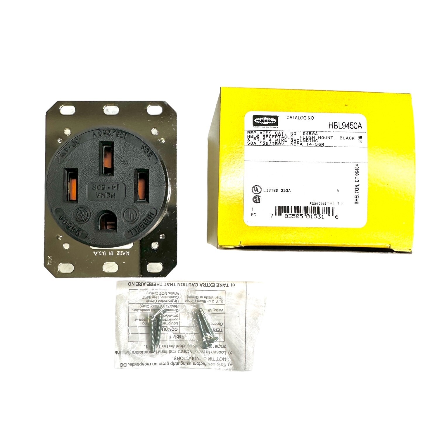 HBL9450A Hubbell Kellems Receptacle 3Pole 4-Wire Ground 50A 125/250V Flush Black