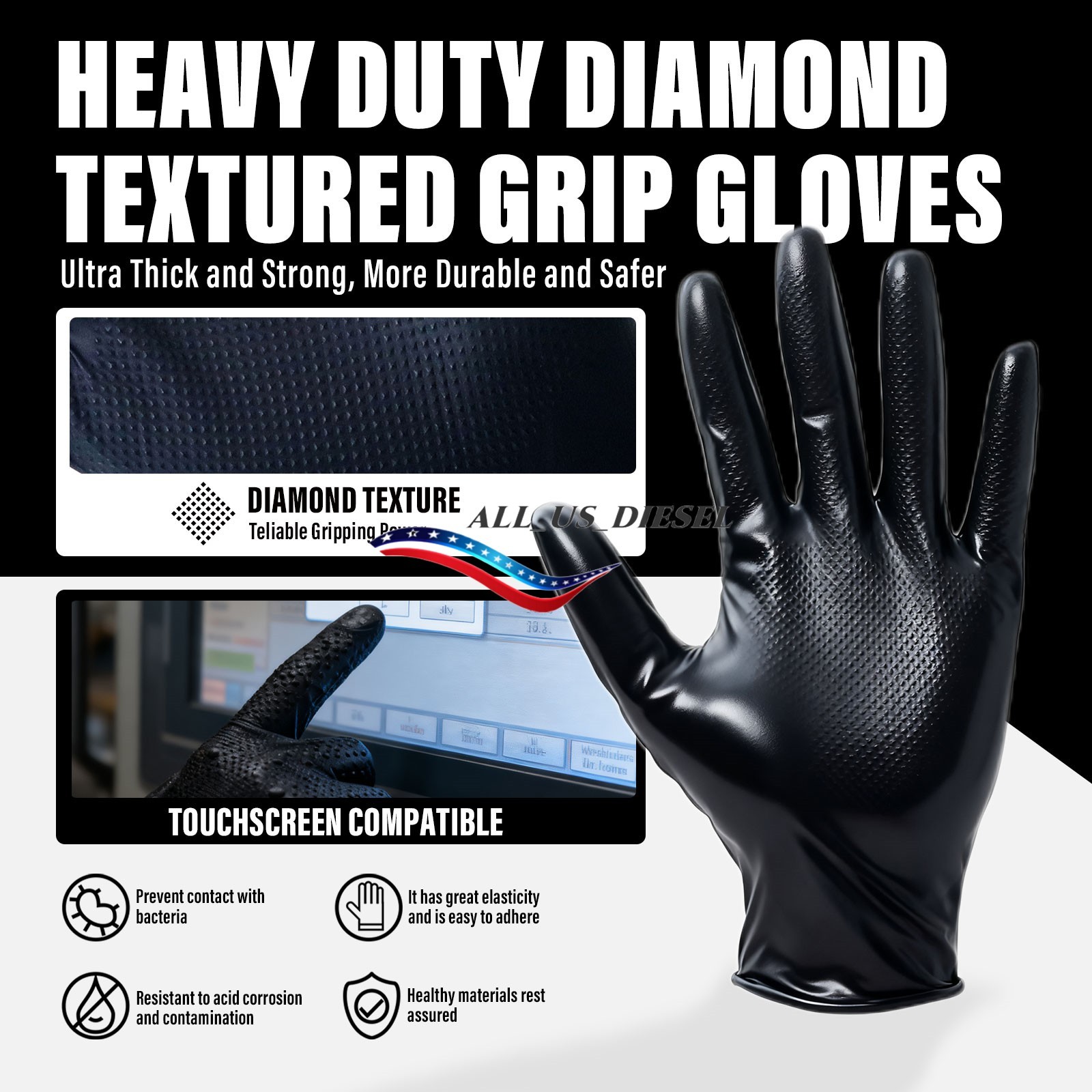 Heavy Duty Grip Nitrile Gloves Raised Diamond Texture 10 Mil 6 Boxes Size XL