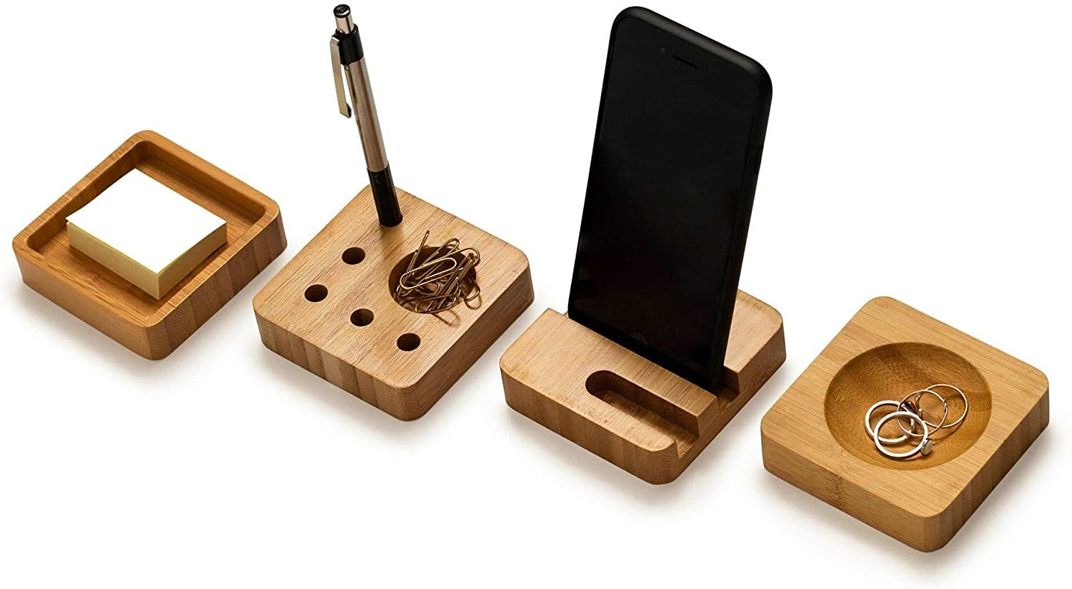 4 Pc Bamboo Desk Organizer Multi-use, Pens, Paperclips , Cell Phone, Note Pad