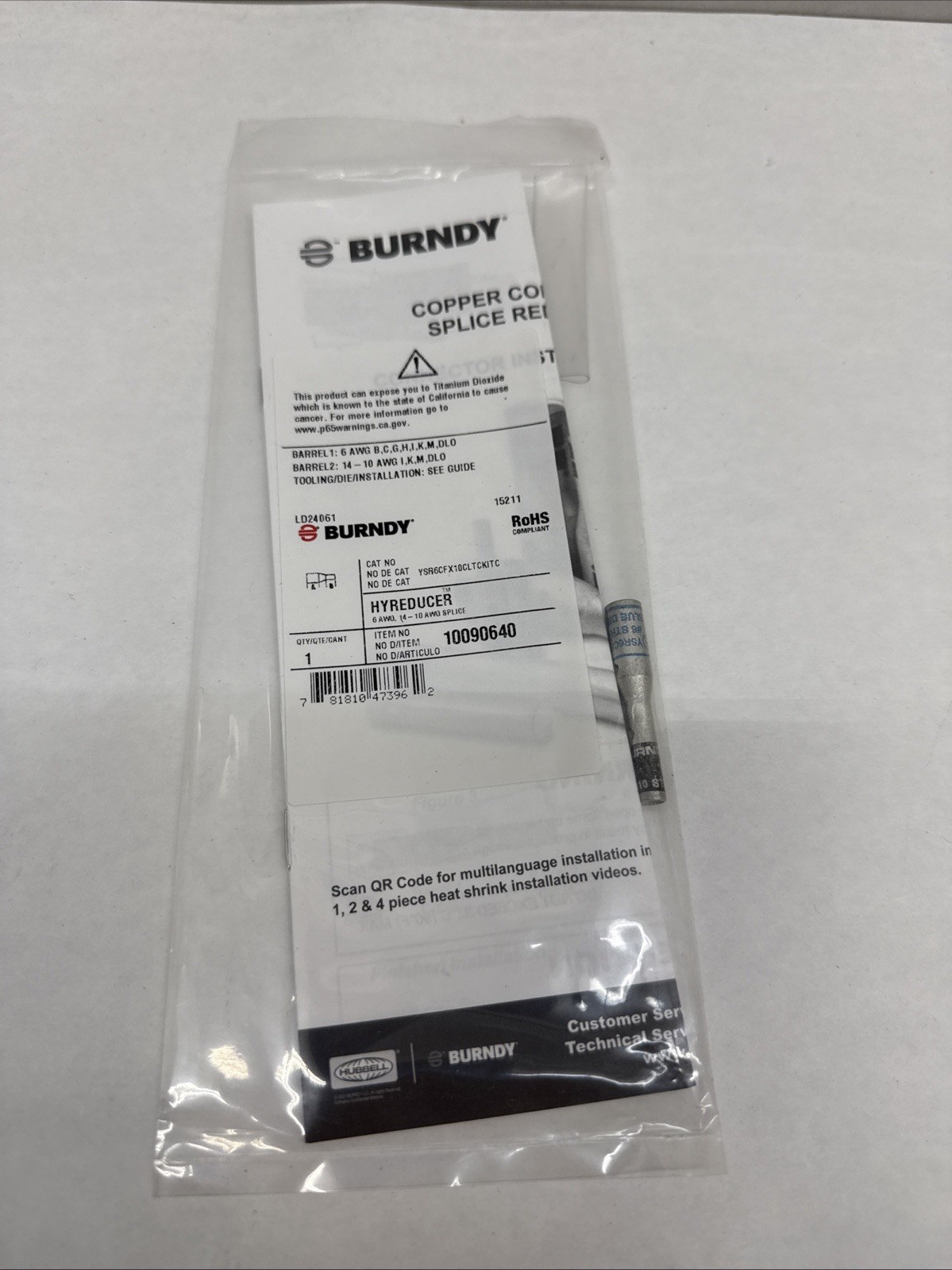 Burndy YSR6CFX10CLTCKITC, 6 to 10 AWG, Tin Plated Copper, Splice Reducer, 1pc