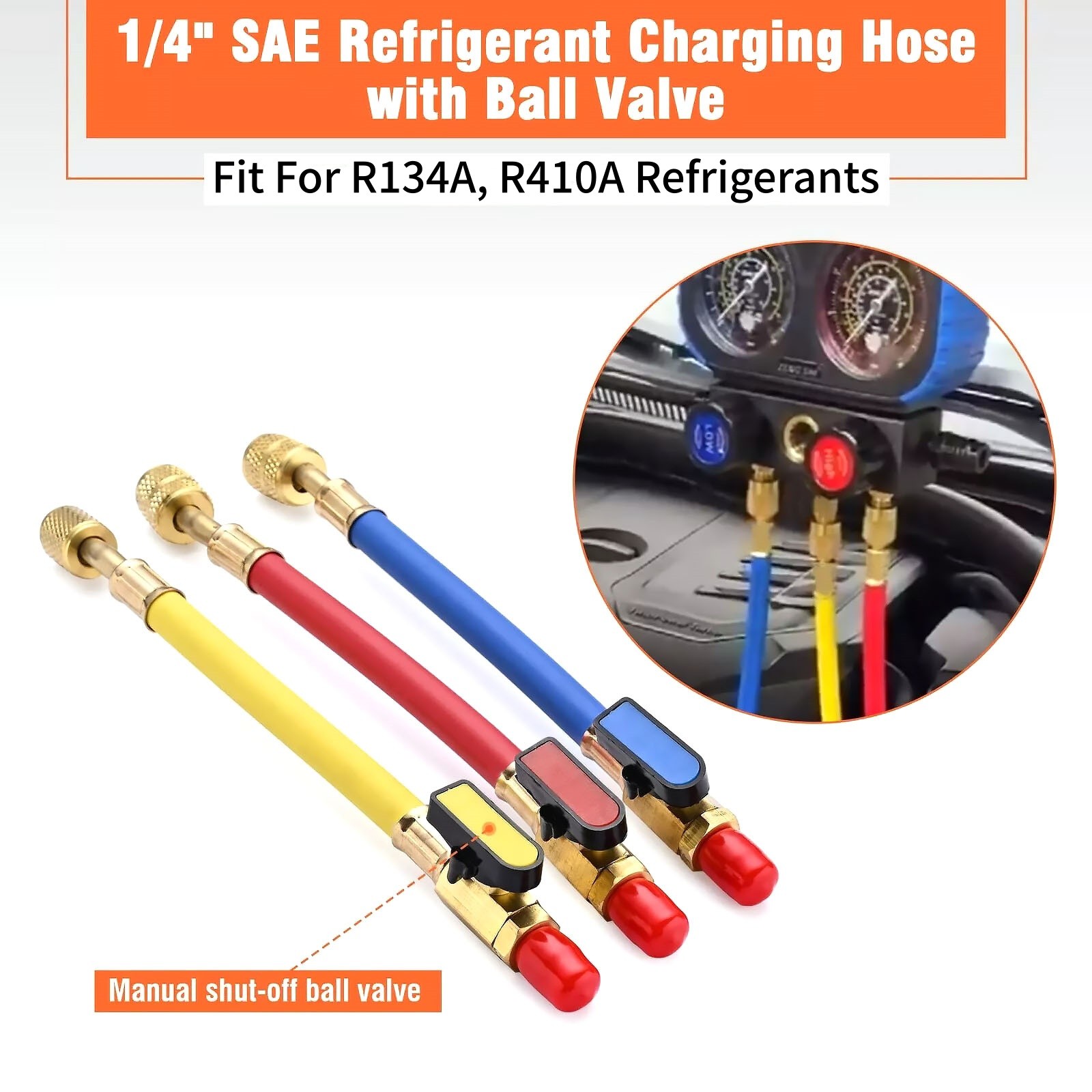 Brass Ball Valves Hose(Red/Yellow/Blue) Fit For R134A R410A Refrigerants