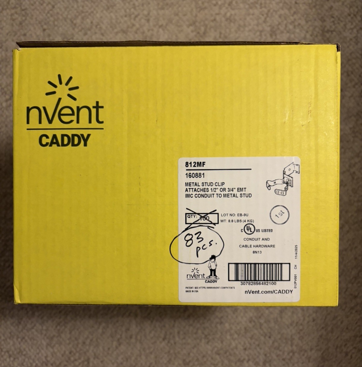 nVent Caddy 812MF. METAL STUD CLIP 1/2” Or 3/4”. 83 Pieces In Box.
