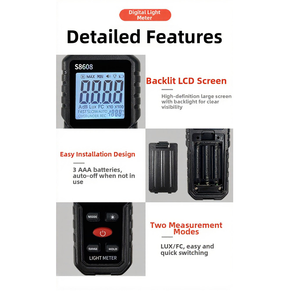 S8608 Light Meter with Dual Unit Display Lux FC Suitable for Labs Field