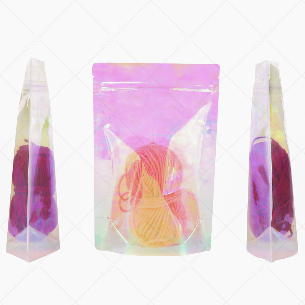 Multi-Sizes Holographic Glossy Pink Clear Plastic Stand up Zip Lock Pouch Bag P2