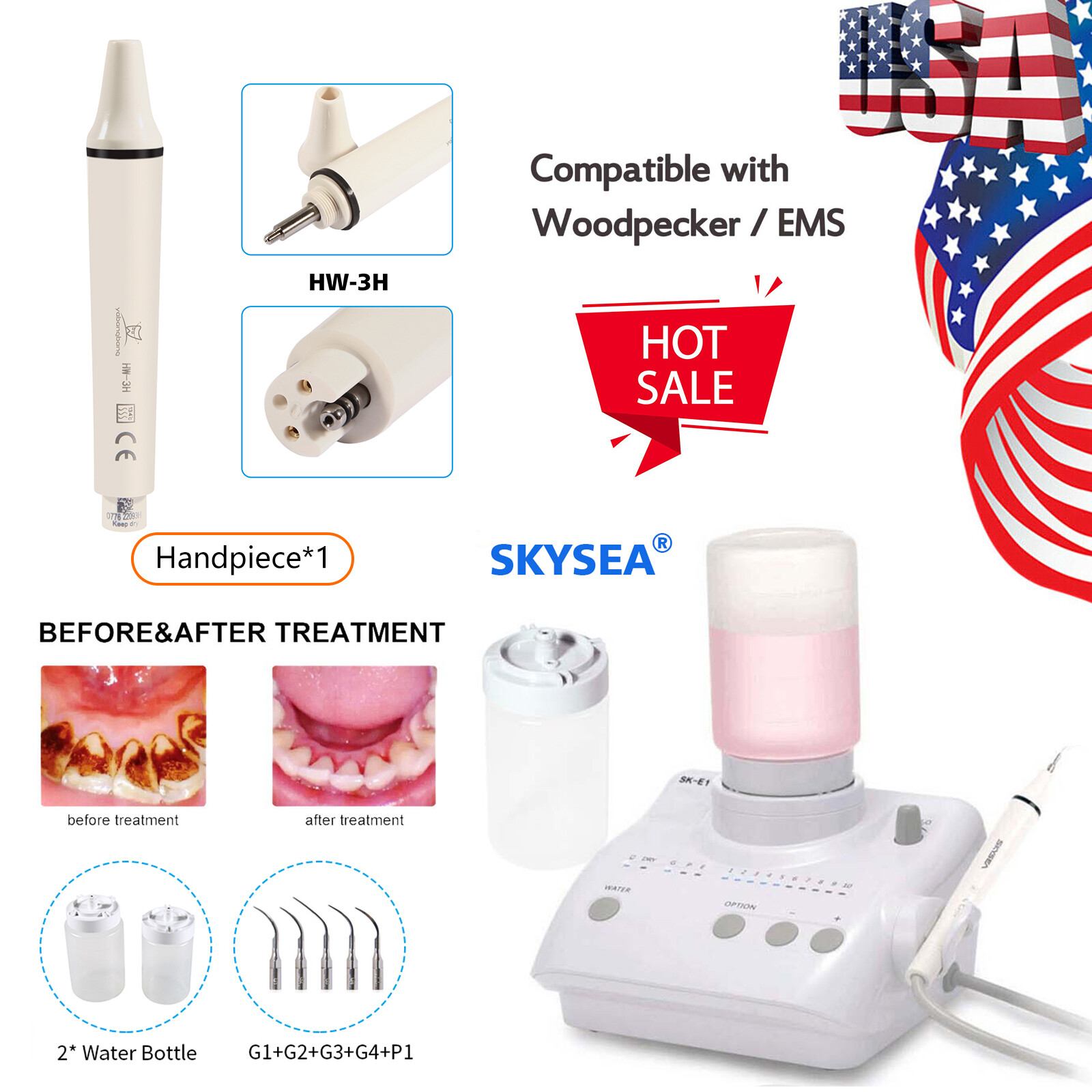 Dental Ultrasonic Scaler Unit fit EMS Cavitron 2 Water Bottles H6EMS Handpiece