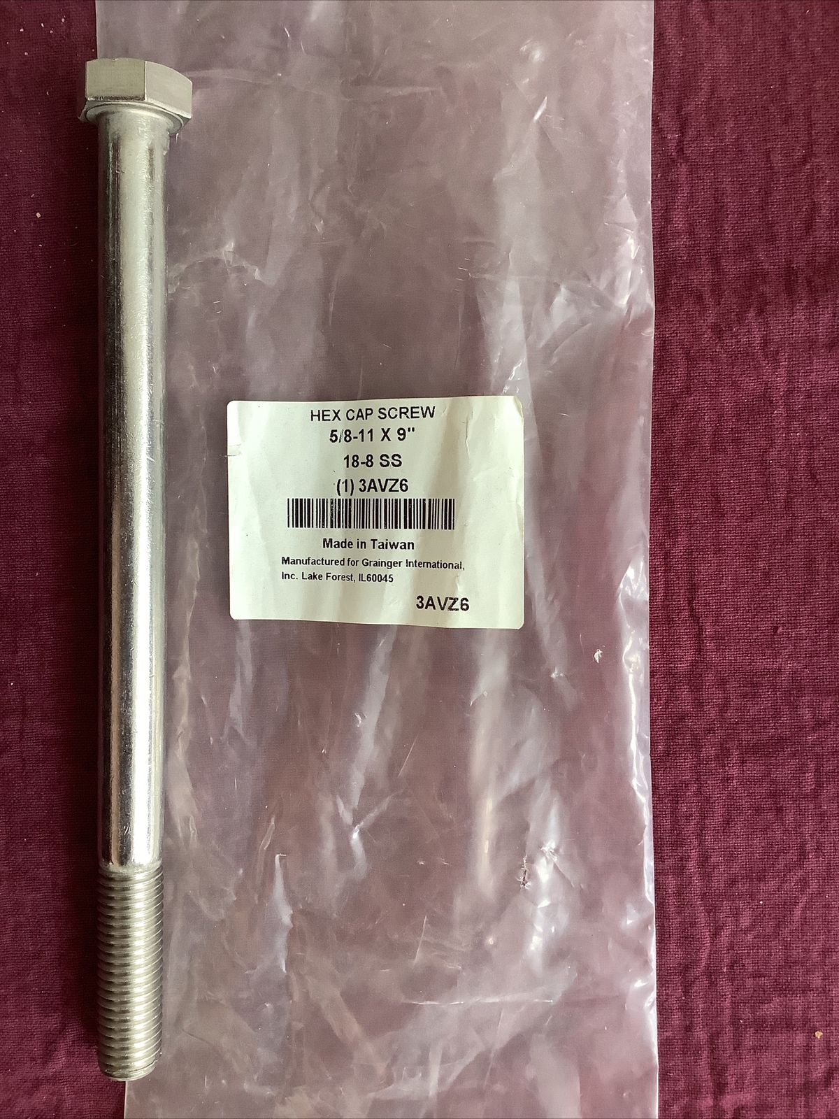 (5) 5/8-11 x 9″ Stainless Steel Hex Cap Screw / 18-8SS 3AVZ6