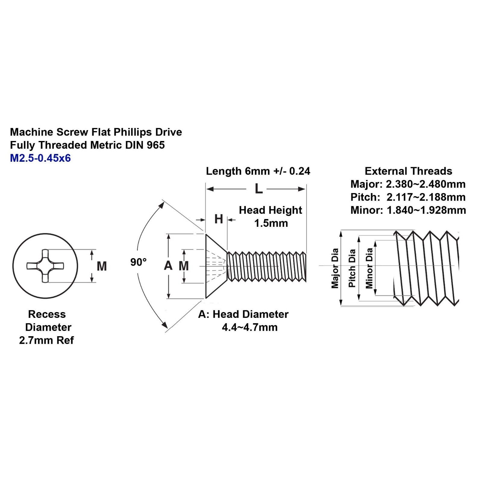 Screw Machine Flat Metric M2.5 6mm Phillips Steel Black M2.5-0.45×6 90° 20pcs