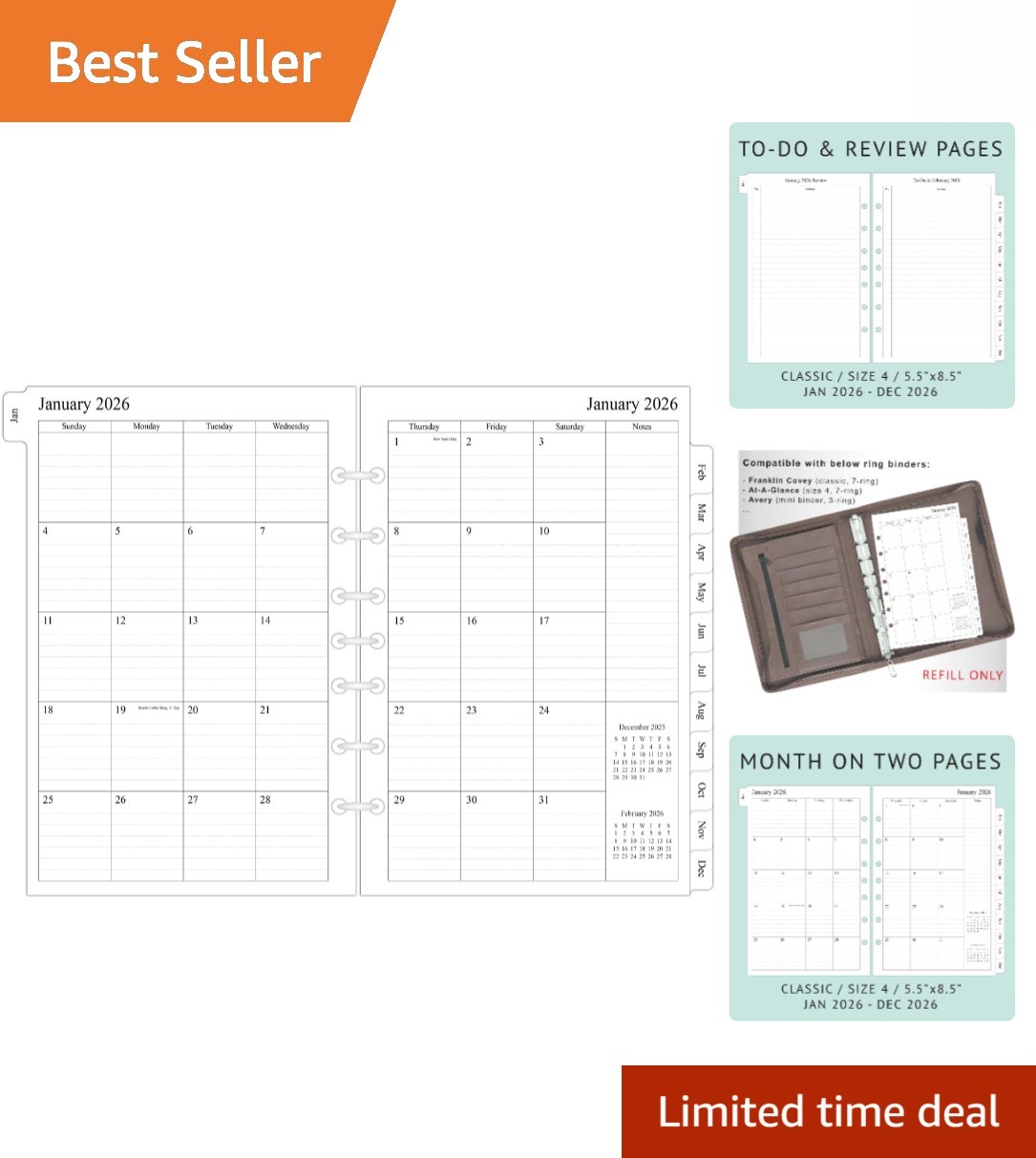 12- 2026 Desk Calendar Refills – 5.5″x8.5″ for AT-A-GLANCE & Franklin Covey