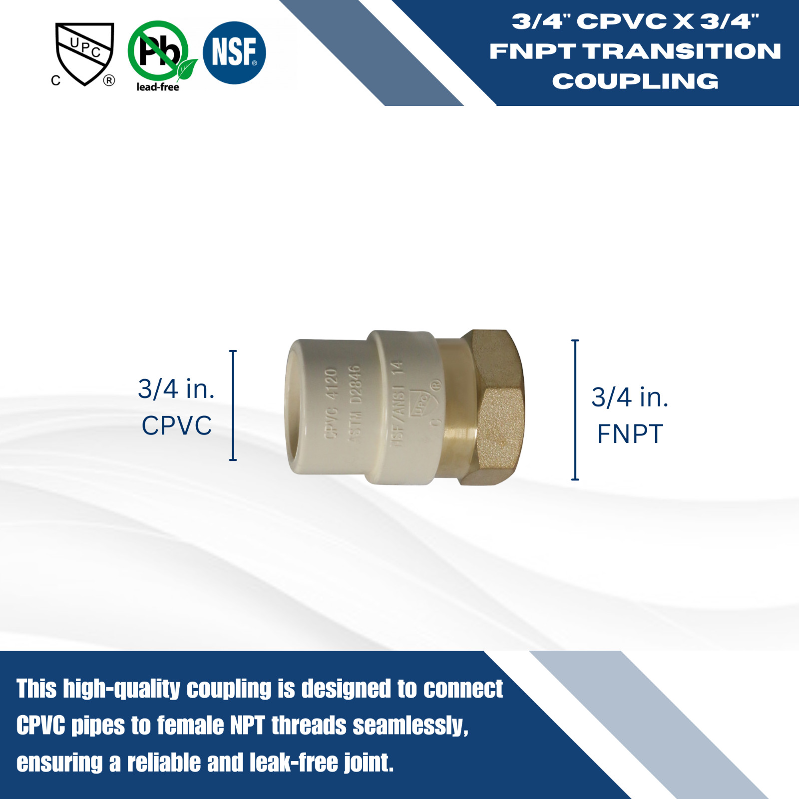 25 Pcs. 3/4″ Female NPT x 3/4″ CPVC Adapter, Lead Free, 3/4″ CPVC Female Adapter