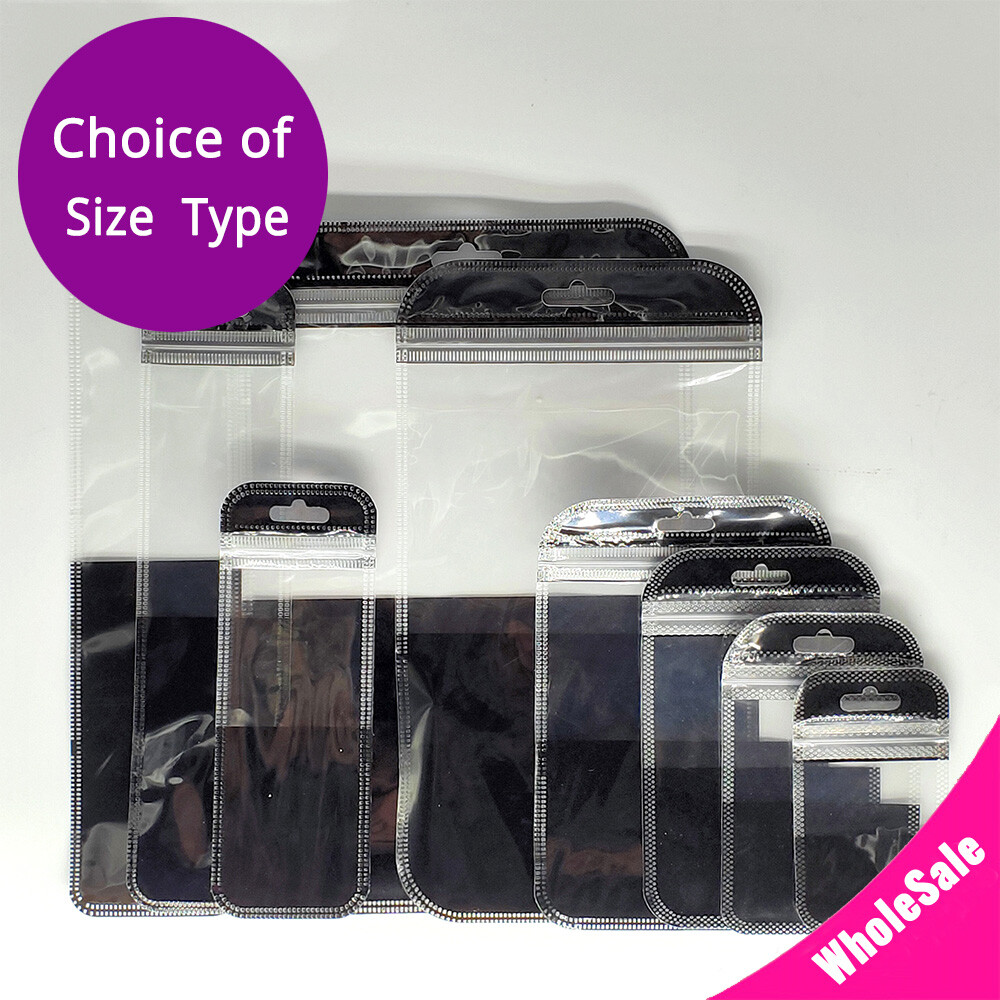 Multi-Size Clear/Black w/Clear/Clear Glossy Flat Mylar Zip Lock Bag w/ Hang Hole