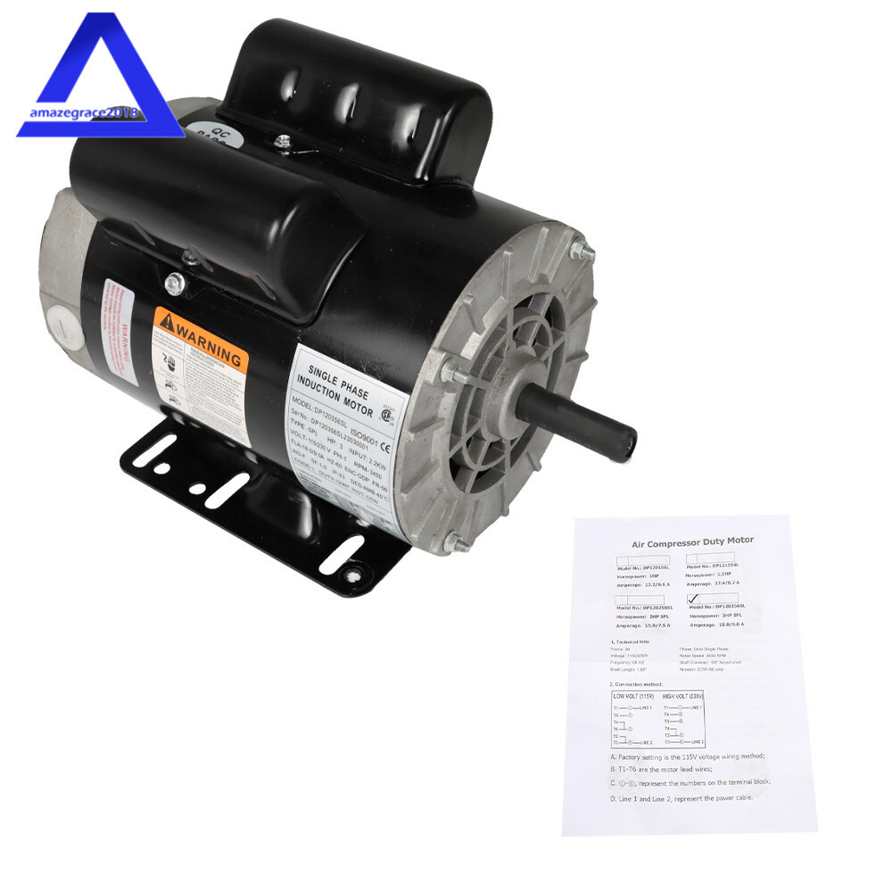 Compressor Duty Electric Motor 3HP 3450RPM 56Frame 1Phase 115-230v CCW 5/8″Shaft