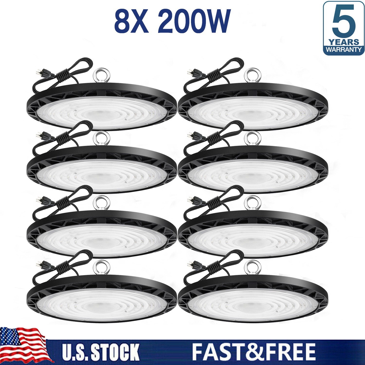 8 Pack 200W UFO Led High Bay Light Industrial Commercial Factory Warehouse Light